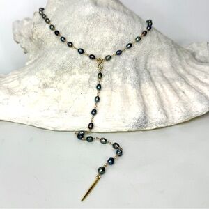 Blue Gray Freshwater Pearl Infinity Y Necklace, 14K Gold Filled Wire Wrapped